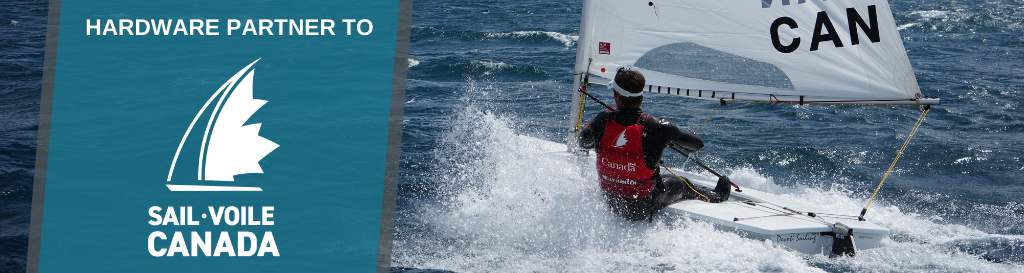 laser sailing with sail canada logo and allen brothers as hardware partner